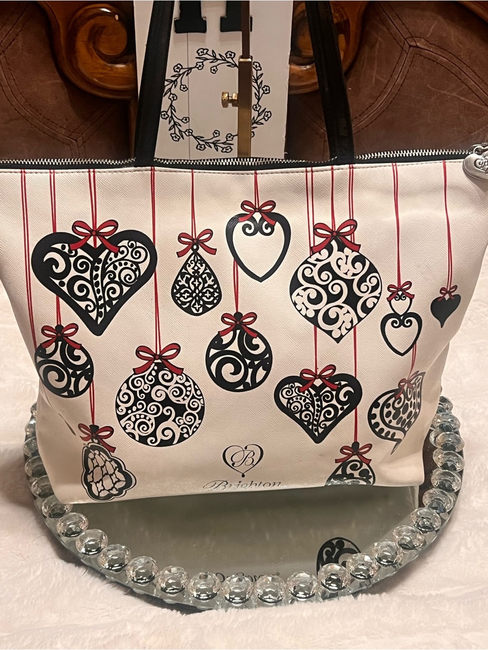 Brighton White and Black Heart & Ornament Motifs and Red Ribbon Accents tote bag - Picture 4 of 16